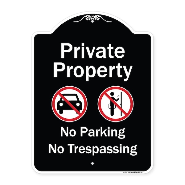 Signmission Designer Series-Private Property No Parking Or Trespassing With Symbols, 24" x 18", BW-1824-9916 A-DES-BW-1824-9916 - main